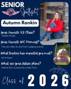 West Central High School Senior Spotlight for Autumn Rankin, Class of 2026. The graphic features Autumn smiling in a red sweater against a rustic building, alongside a photo of her as a toddler on a swing. Text highlights her favorite class (Global Foods)